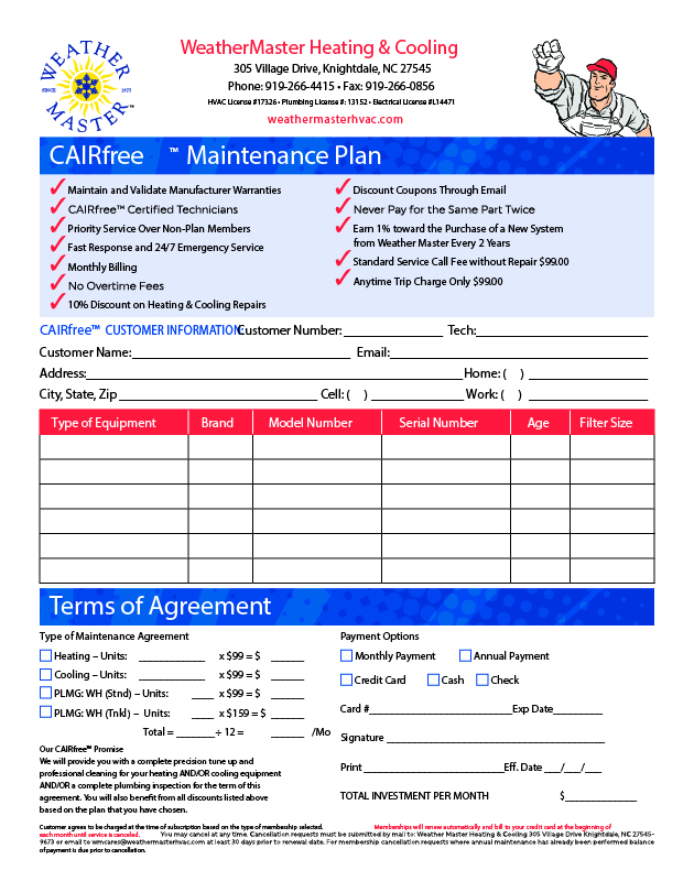 CAIRfree HVAC Maintenance Agreement Weather Master Raleigh, NC